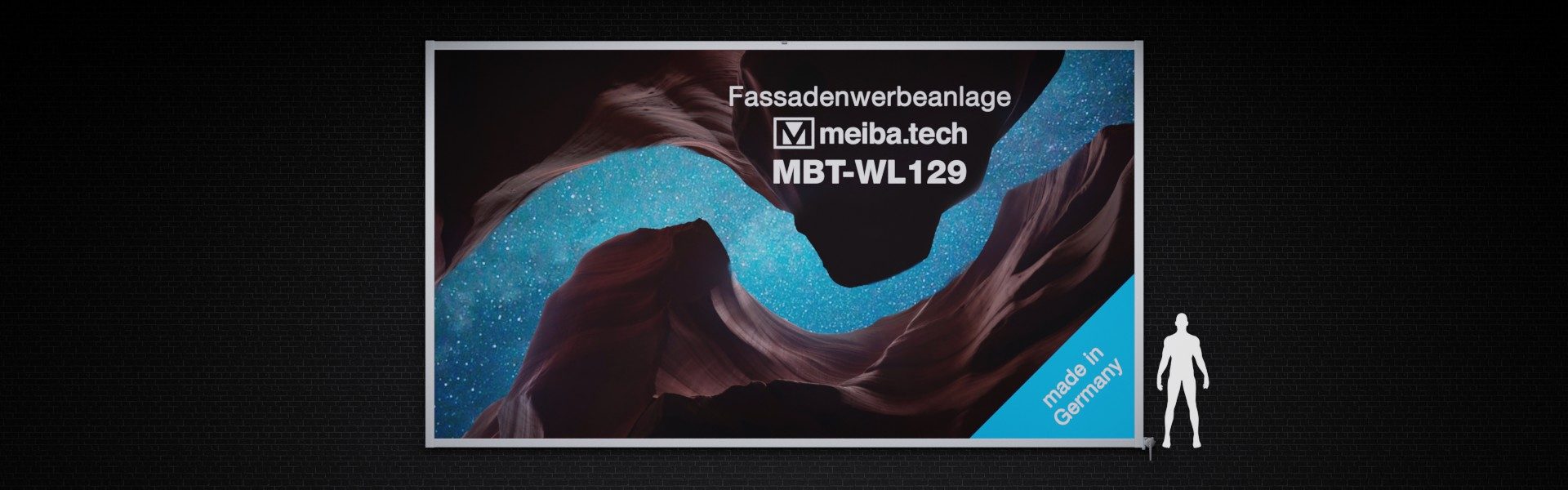 Facade advertising system MBT-WL129 with banner lift, view of the banner lift, size reference